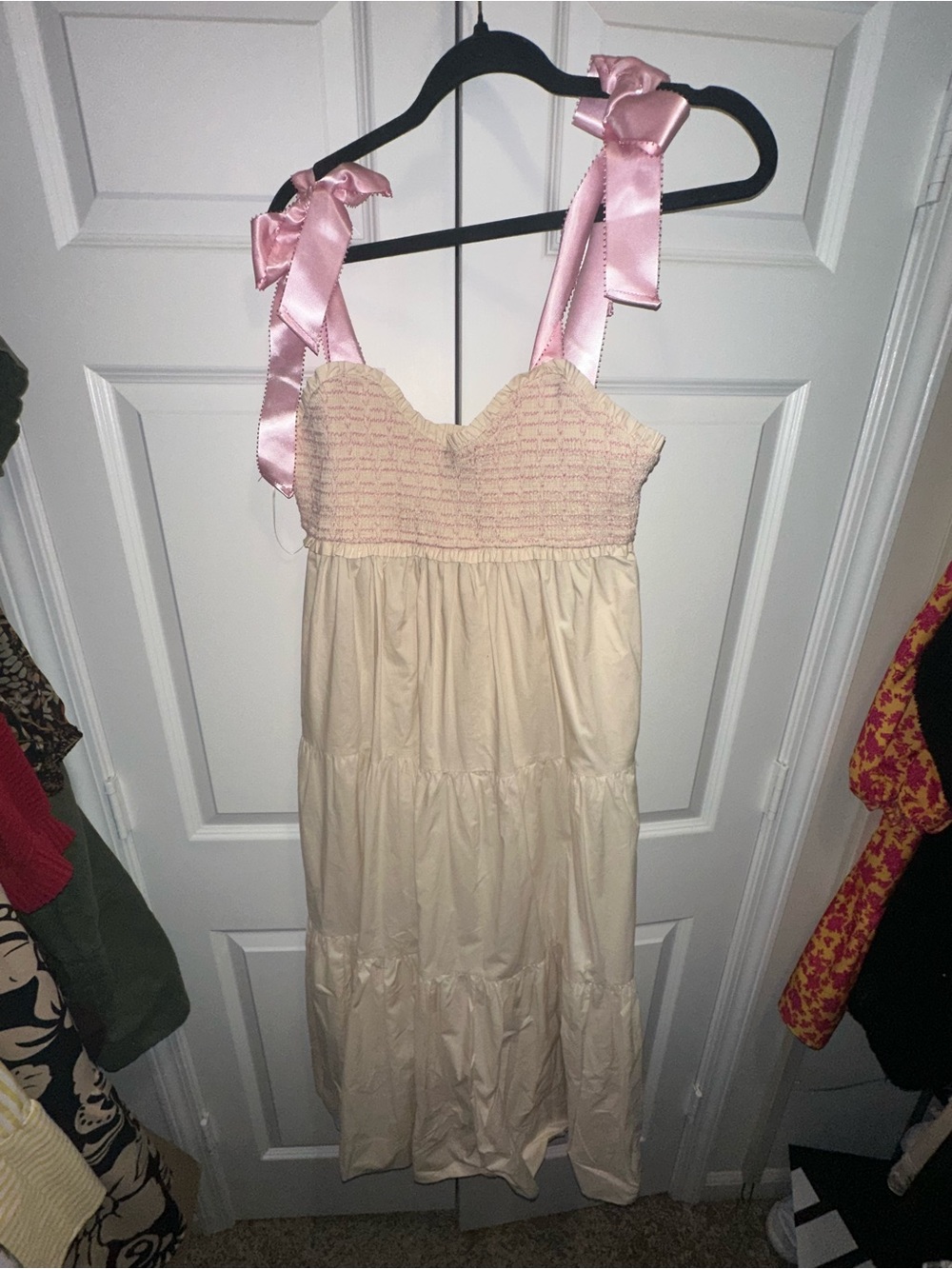 Women's Cream Smocked Midi Dress with Pink Satin Ties